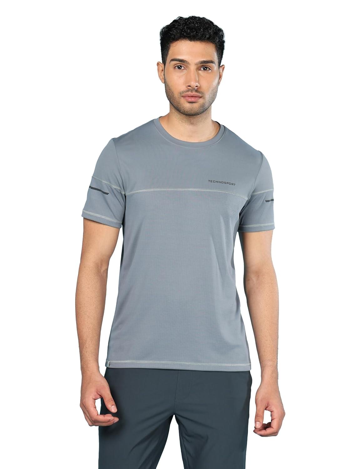 TECHNOSPORT Men Polyester Slim Fit Crew Neck Half Sleeve Self Design Textured T-Shirt, SPF 50+, Odour Free and Quick Dry offers donot miss TECHNOSPORT Men Polyester Slim Fit Crew Neck Half Sleeve Self Design Textured T-Shirt, SPF 50+, Odour Free and Quick Dry offers donot miss